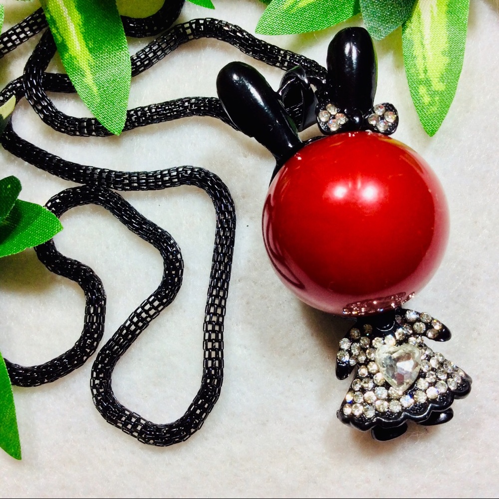 Summer Fun Whimsical Jeweled Red Pearl Bunny Head 28” Long T-Shirt Necklace NWT